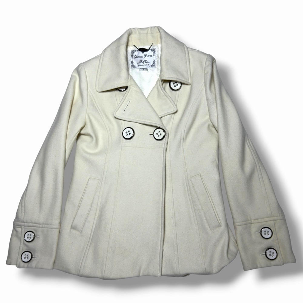Vintage Guess Jeans Small‎ Beige Wool Blend Peacoat Big Buttons Y2K Coat
